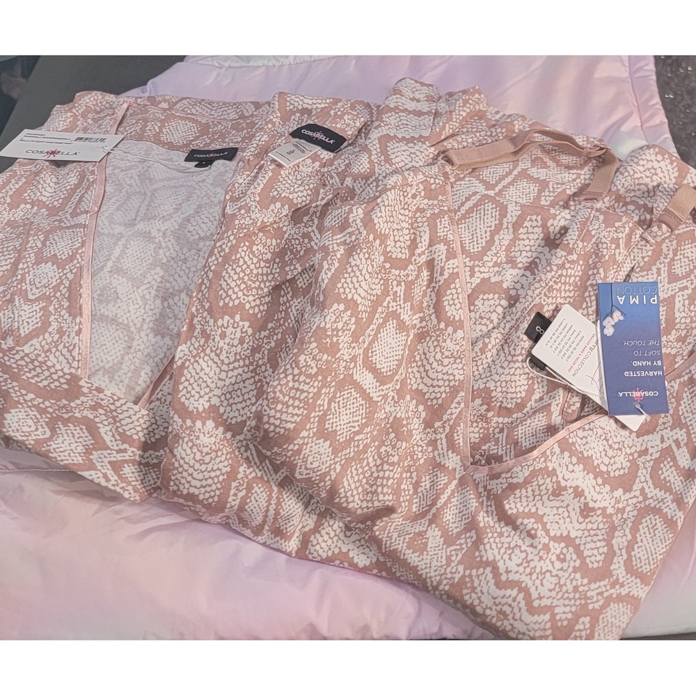 Cosabella Bella Curvy 3 Piece Pajama Set Pima Cotton Snake Print Mandorla L NEW - Picture 4 of 7